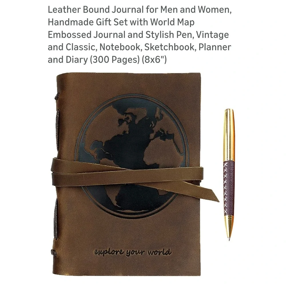 Leather Bound Journal with World Map Embossed and Designer Pen‎ 300 Pages